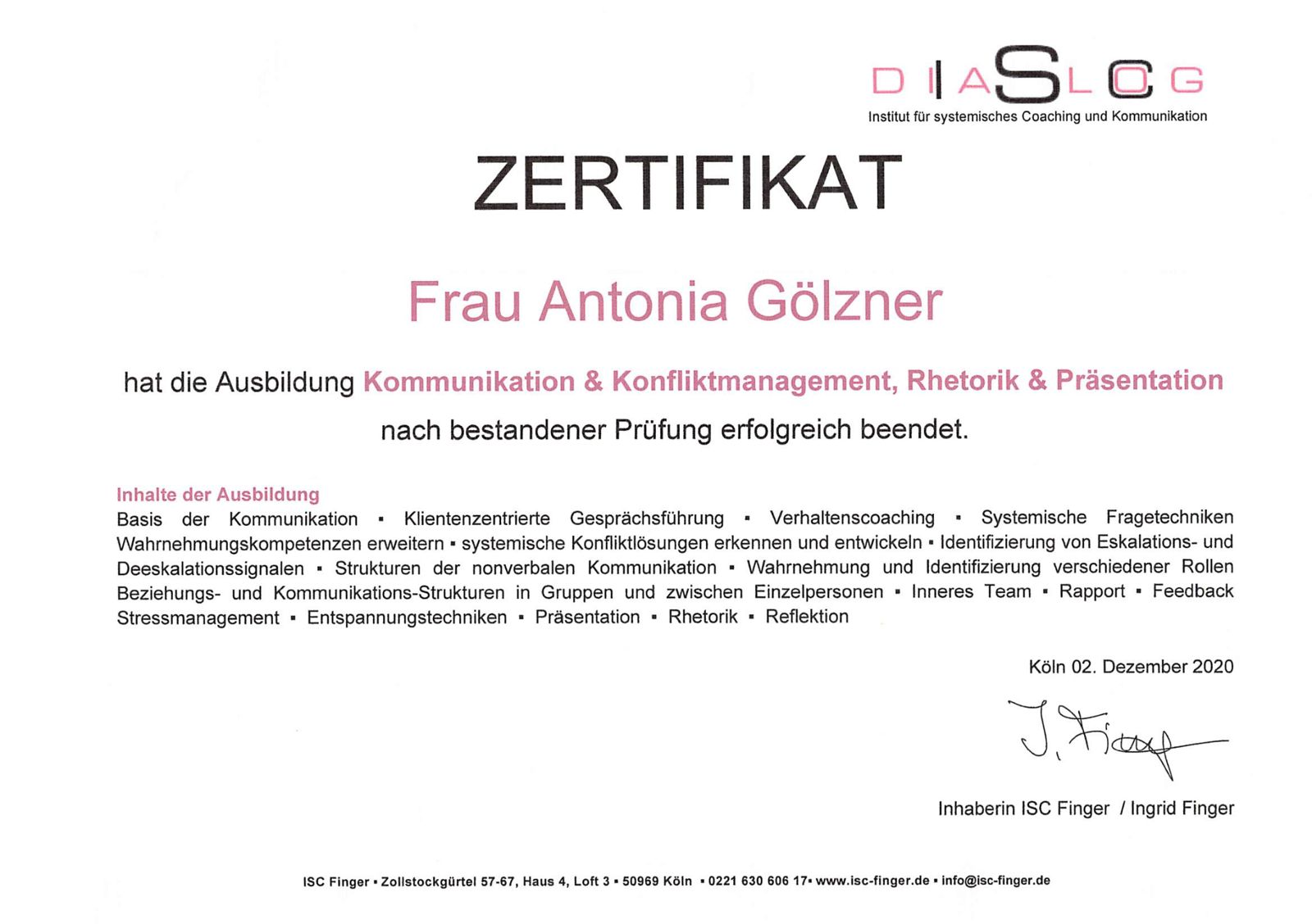 Certificate: Communication & Conflict Management, Rhetoric & Presentation, ISC Finger, 2020