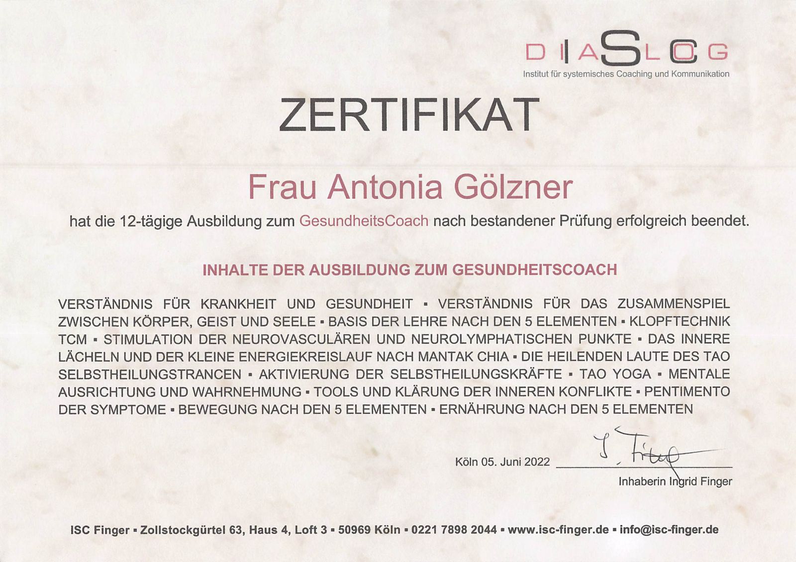 Certificate: Health Coach, ISC Finger, 2022