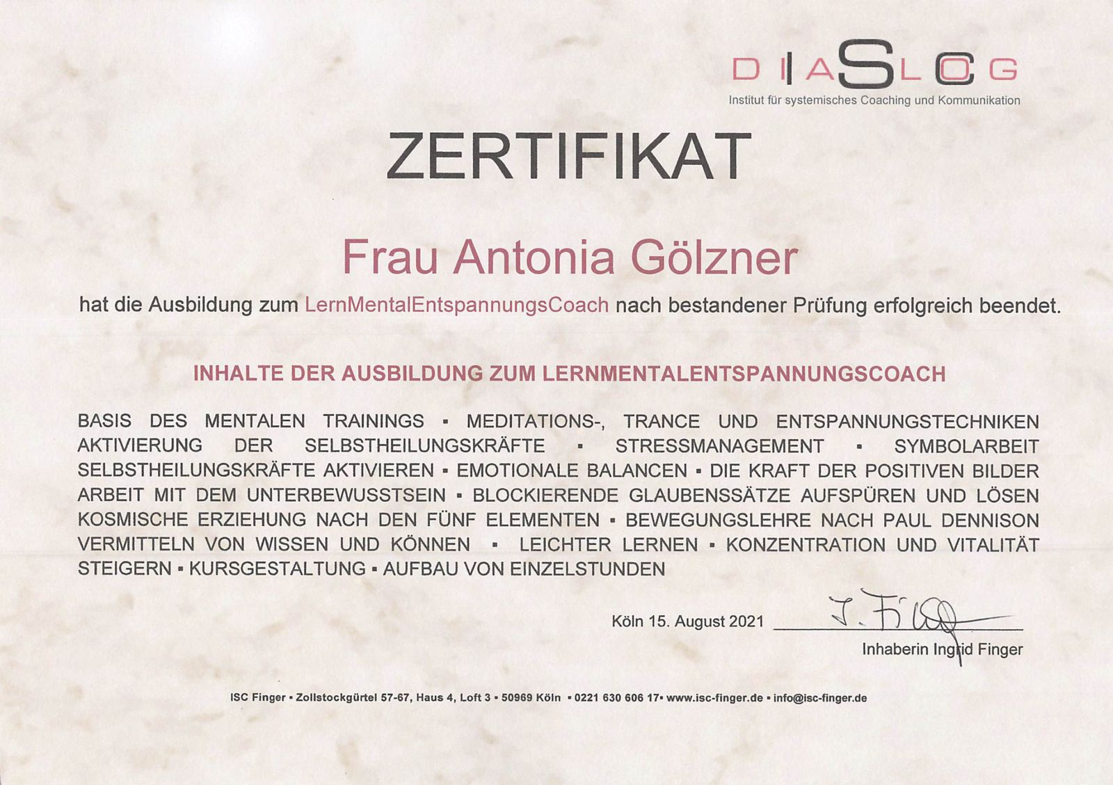 Certificate: Learning, Mental & Relaxation Coach, ISC Finger, 2021