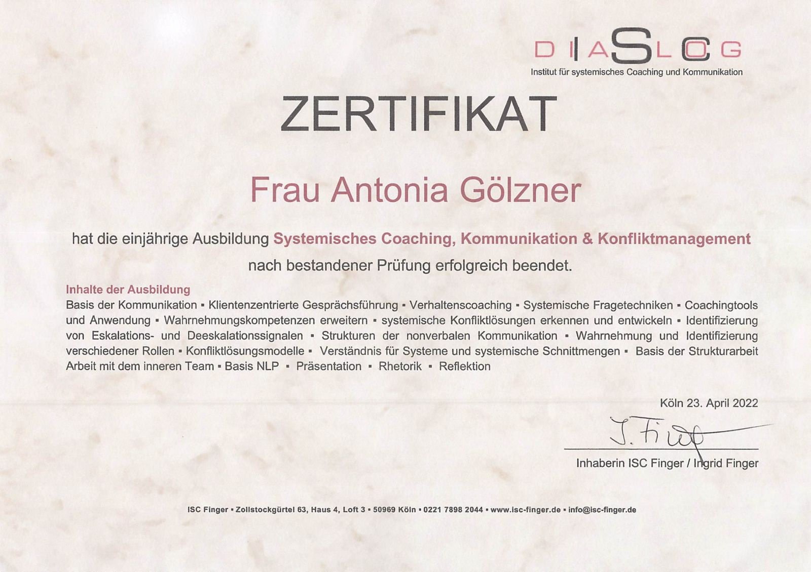 Certificate: Systemic Coaching, Communication & Conflict Management, ISC Finger, 2022