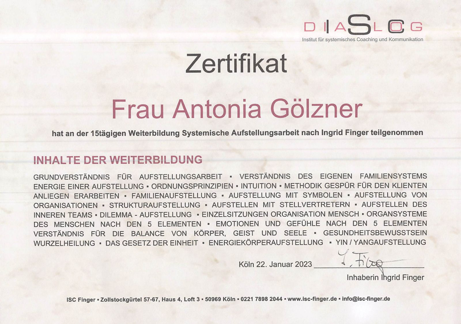 Certificate: Systemic Constellation Work, ISC Finger, 2023